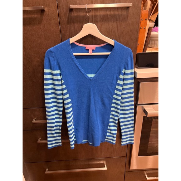 Lilly Pulitzer Adelaide Striped/Solid Royal Aqua Blue V-Neck women's small - Picture 1 of 5